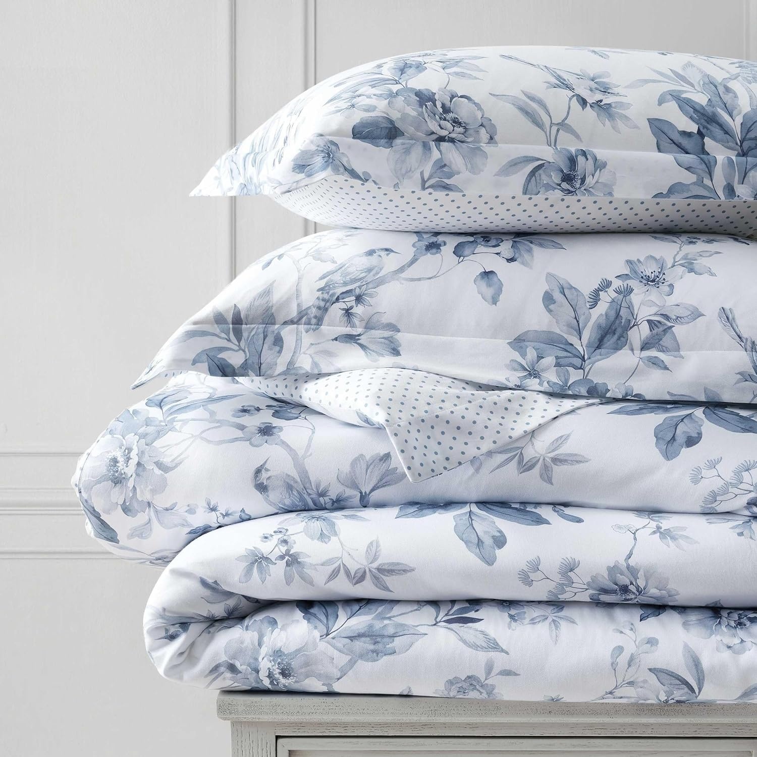 imageMartha Stewart Twin Duvet Cover Set 100 Smooth amp Silky Sateen Cotton Bedding 2 Piece Striped Bedding with Matching Pillowcase Verbena Stripe BlueSongbird Blue