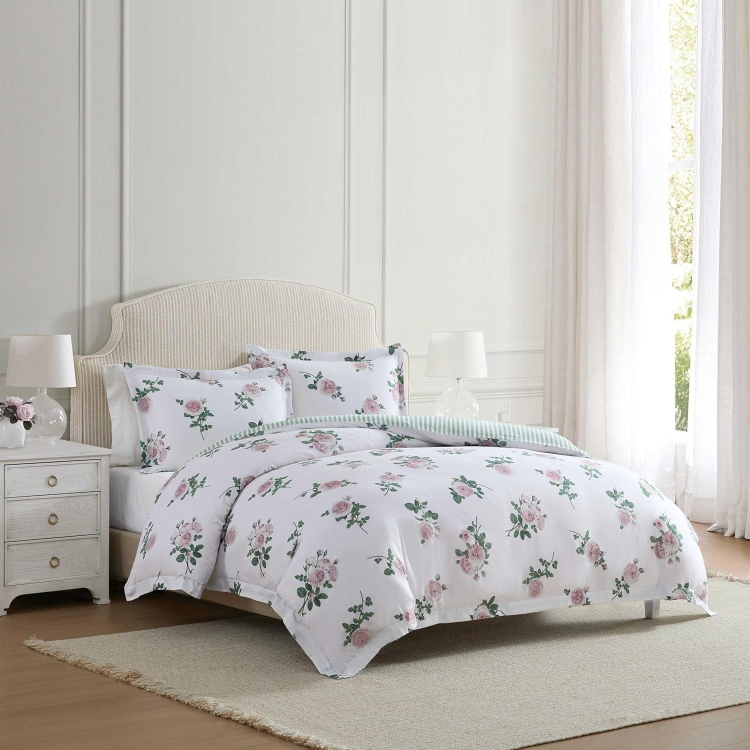 imageMartha Stewart Twin Duvet Cover Set 100 Smooth amp Silky Sateen Cotton Bedding 2 Piece Striped Bedding with Matching Pillowcase Verbena Stripe BlueTea Rose Pink