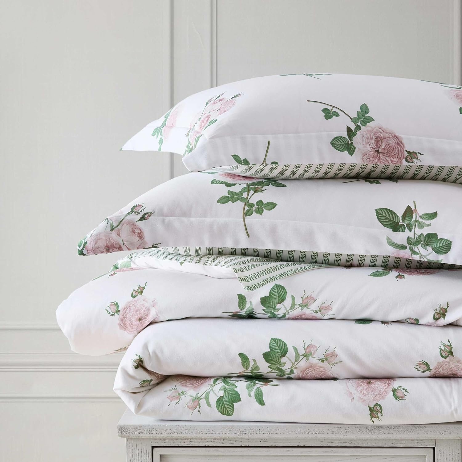 imageMartha Stewart Twin Duvet Cover Set 100 Smooth amp Silky Sateen Cotton Bedding 2 Piece Striped Bedding with Matching Pillowcase Verbena Stripe BlueTea Rose Pink