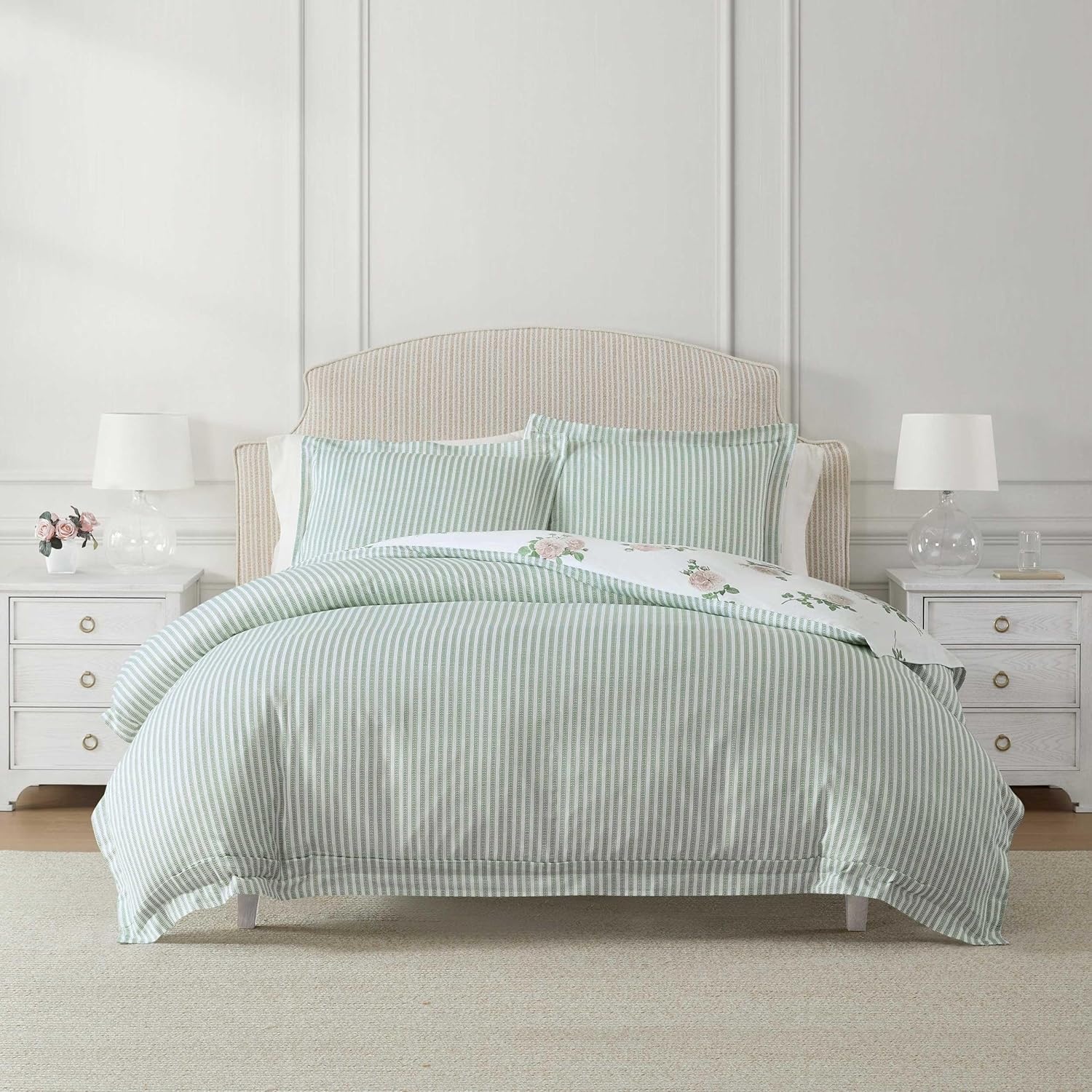 imageMartha Stewart Twin Duvet Cover Set 100 Smooth amp Silky Sateen Cotton Bedding 2 Piece Striped Bedding with Matching Pillowcase Verbena Stripe BlueTea Rose Pink