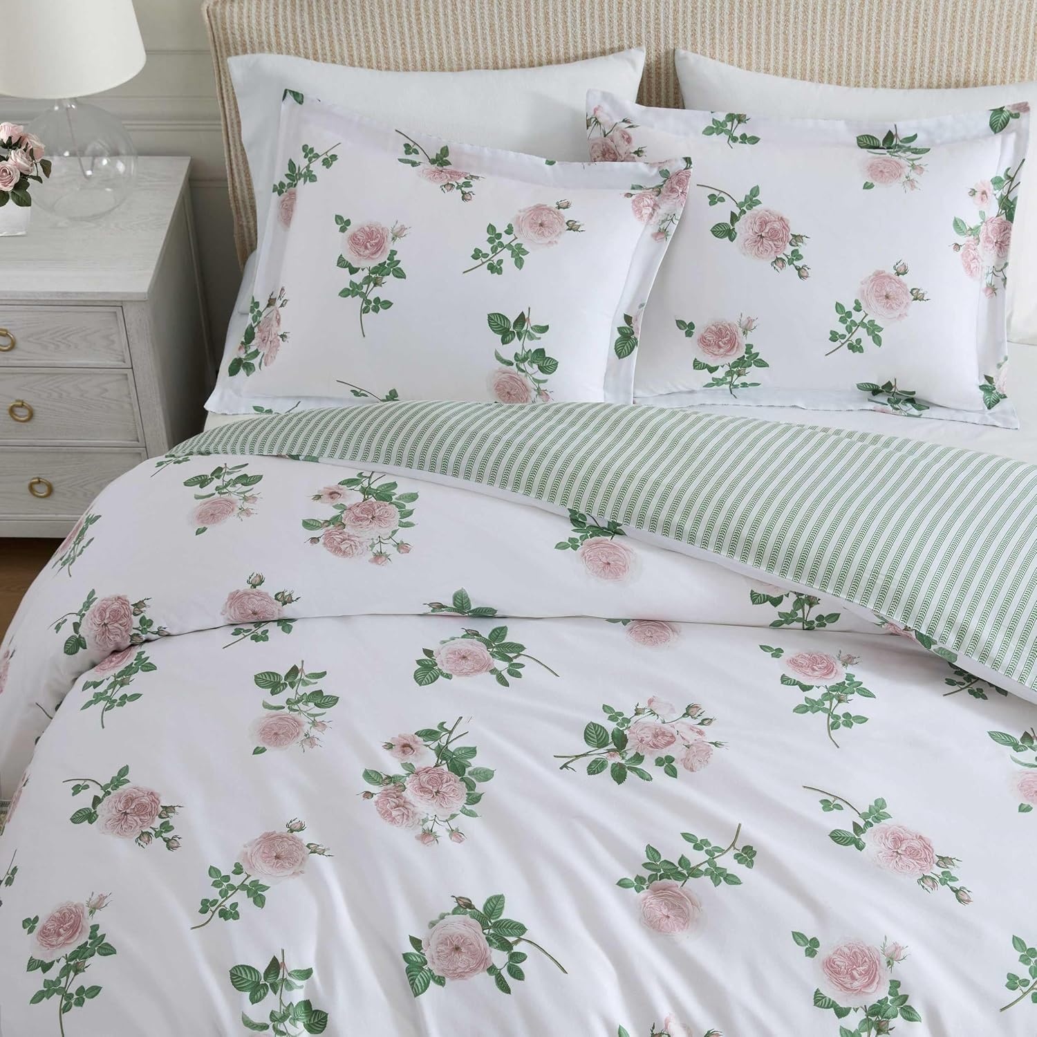 imageMartha Stewart Twin Duvet Cover Set 100 Smooth amp Silky Sateen Cotton Bedding 2 Piece Striped Bedding with Matching Pillowcase Verbena Stripe BlueTea Rose Pink