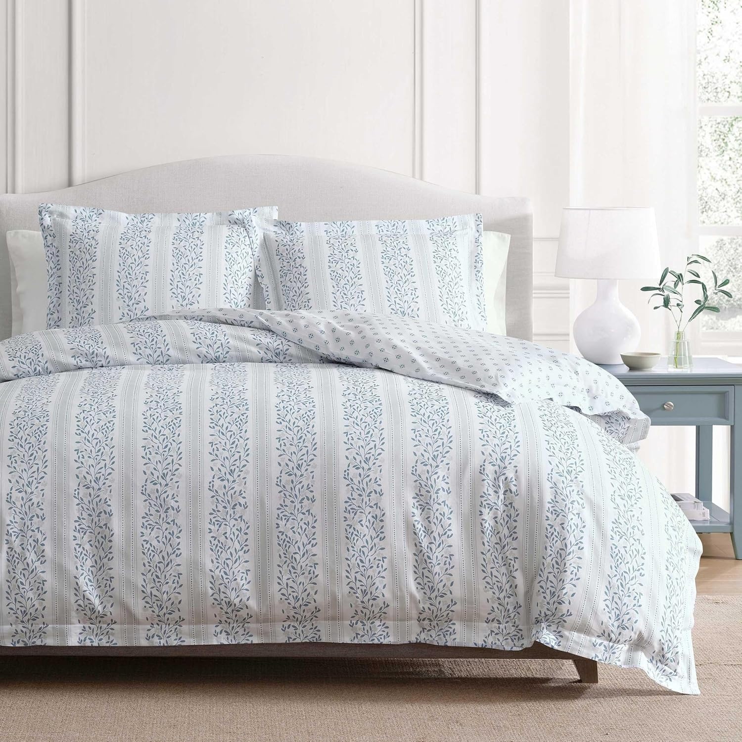 imageMartha Stewart Twin Duvet Cover Set 100 Smooth amp Silky Sateen Cotton Bedding 2 Piece Striped Bedding with Matching Pillowcase Verbena Stripe BlueVerbena Stripe Blue