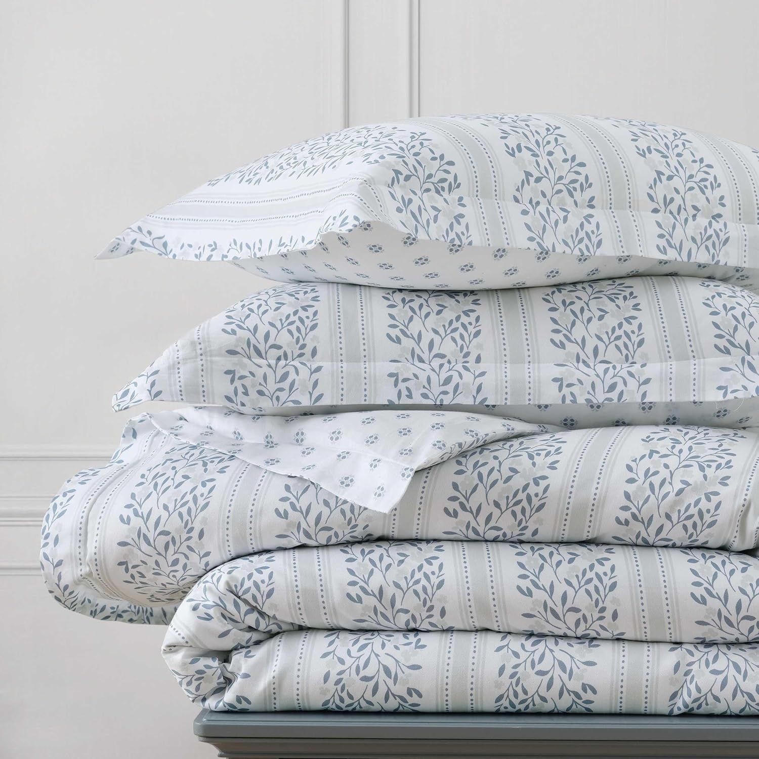 imageMartha Stewart Twin Duvet Cover Set 100 Smooth amp Silky Sateen Cotton Bedding 2 Piece Striped Bedding with Matching Pillowcase Verbena Stripe BlueVerbena Stripe Blue
