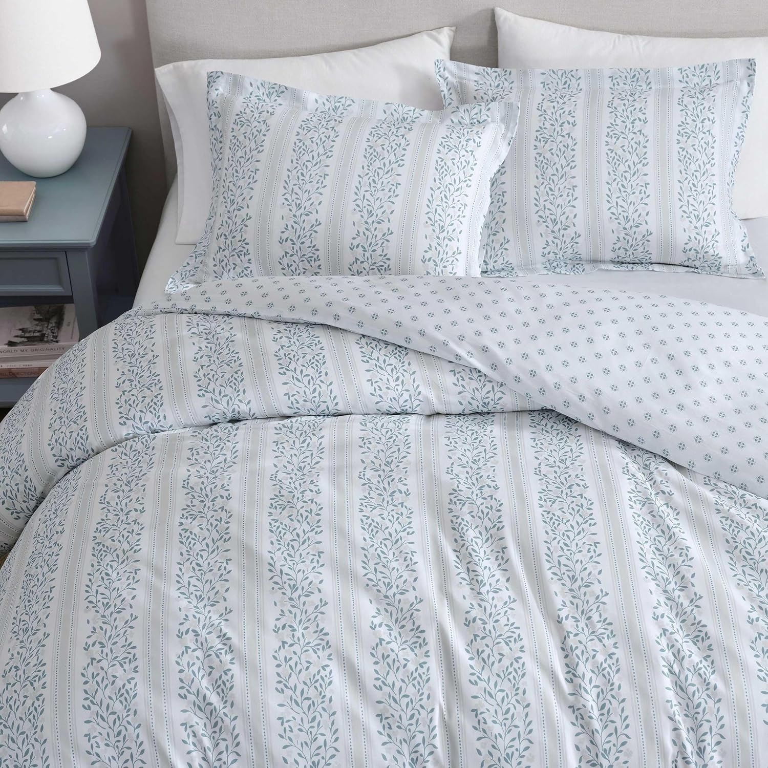imageMartha Stewart Twin Duvet Cover Set 100 Smooth amp Silky Sateen Cotton Bedding 2 Piece Striped Bedding with Matching Pillowcase Verbena Stripe BlueVerbena Stripe Blue