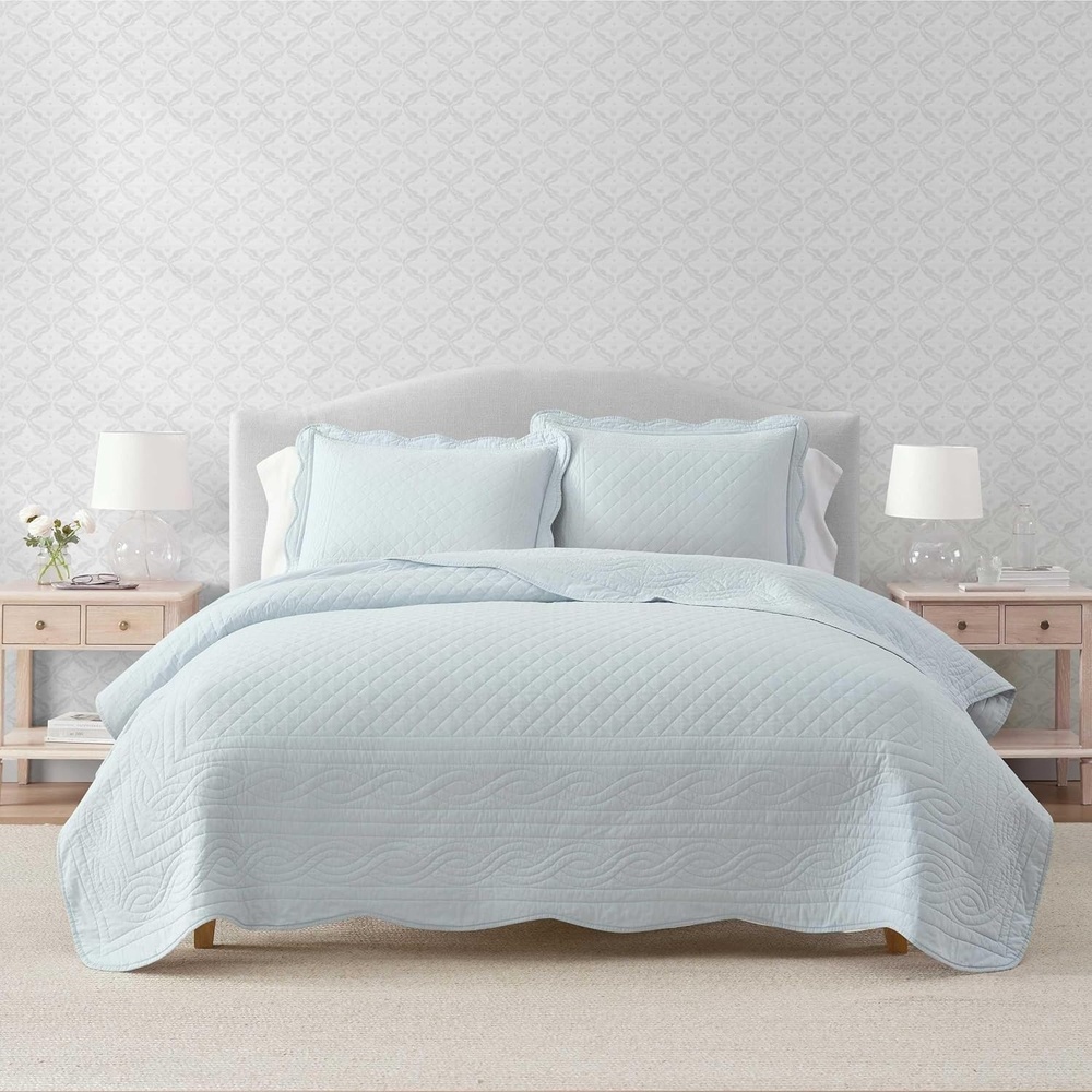 imageMartha Stewart  Queen Size Quilt Set Soft amp Smooth Sateen Bedding with a Light and Breathable Feel 3 Piece Bed Set with Matching Pillowcases Fern Embroidery GreyVintage Scallop Blue
