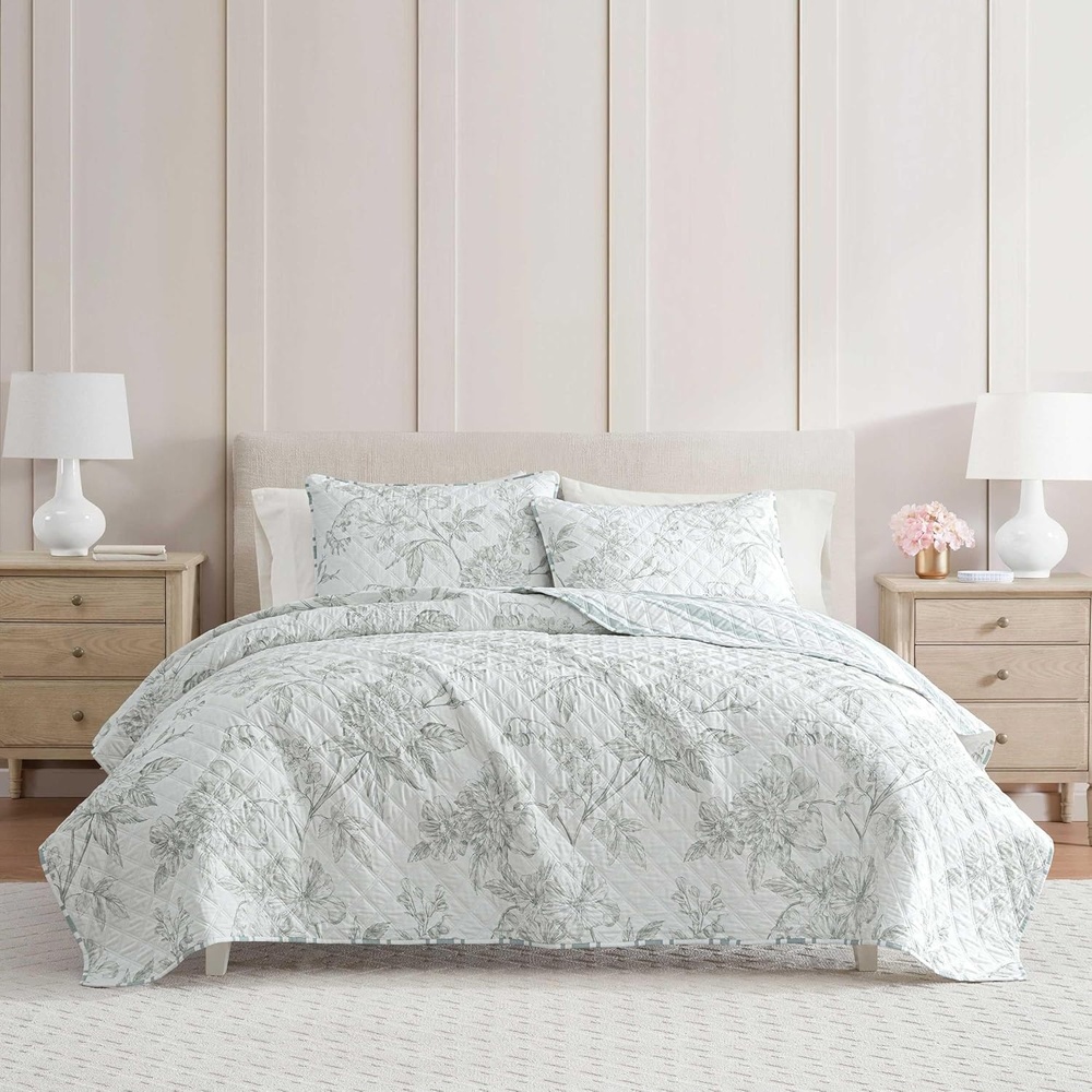 imageMartha Stewart  Queen Size Quilt Set Soft amp Smooth Sateen Bedding with a Light and Breathable Feel 3 Piece Bed Set with Matching Pillowcases Fern Embroidery GreyVine Flora Green
