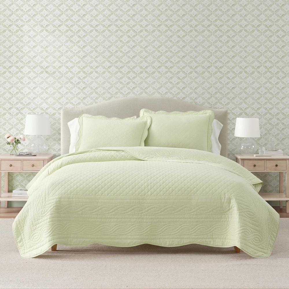 imageMartha Stewart  Queen Size Quilt Set Soft amp Smooth Sateen Bedding with a Light and Breathable Feel 3 Piece Bed Set with Matching Pillowcases Fern Embroidery GreyVintage Scallop Green
