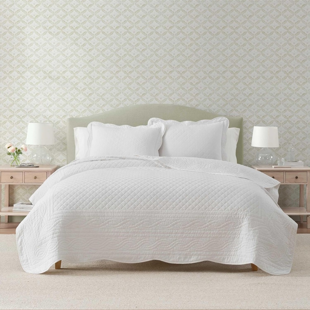 imageMartha Stewart Queen Size Quilt Set Soft amp Smooth Sateen Bedding with a Light and Breathable Feel 3 Piece Bed Set with Matching Pillowcases Fern Embroidery GreyVintage Scallop White
