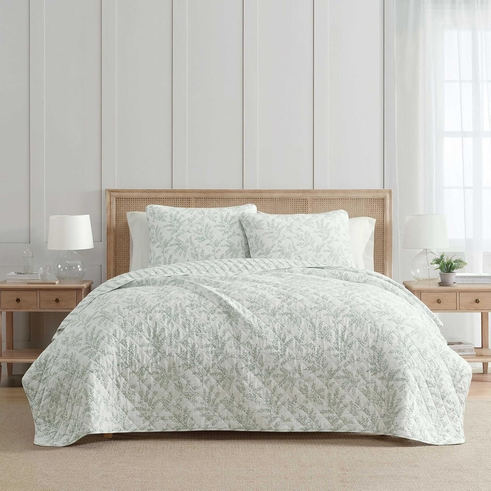imageMartha Stewart Queen Size Quilt Set Soft amp Smooth Sateen Bedding with a Light and Breathable Feel 3 Piece Bed Set with Matching Pillowcases Fern Embroidery GreyMurray Leaves Green