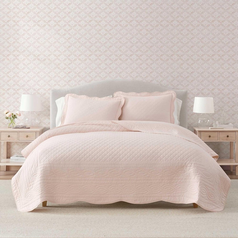 imageMartha Stewart Queen Size Quilt Set Soft amp Smooth Sateen Bedding with a Light and Breathable Feel 3 Piece Bed Set with Matching Pillowcases Fern Embroidery GreyVintage Scallop Pink
