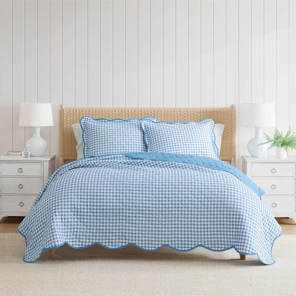 imageMartha Stewart Queen Size Quilt Set Soft amp Smooth Sateen Bedding with a Light and Breathable Feel 3 Piece Bed Set with Matching Pillowcases Fern Embroidery GreyOlivia Gingham Blue
