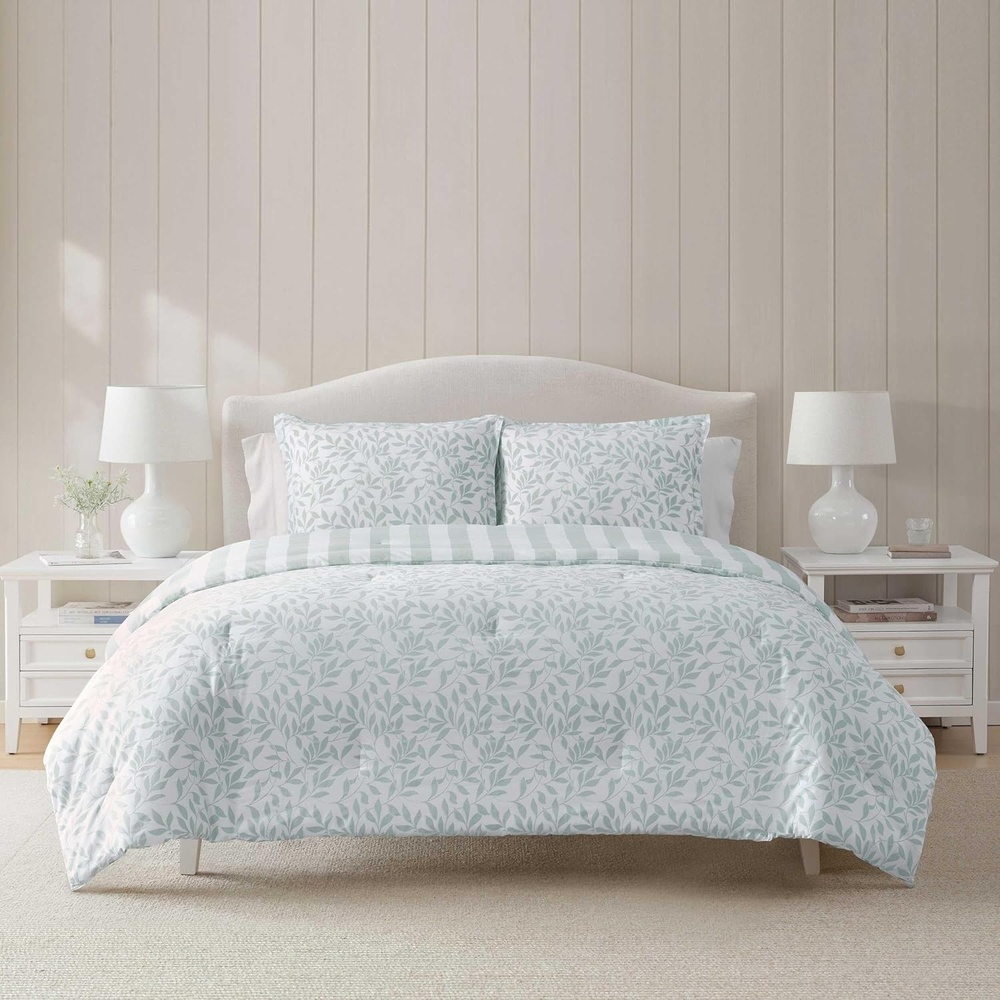 imageMartha Stewart  Twin Duvet Cover Set 100 Smooth amp Silky Sateen Cotton Bedding 2 Piece Striped Bedding with Matching Pillowcase Verbena Stripe BlueCopper Vines Blue