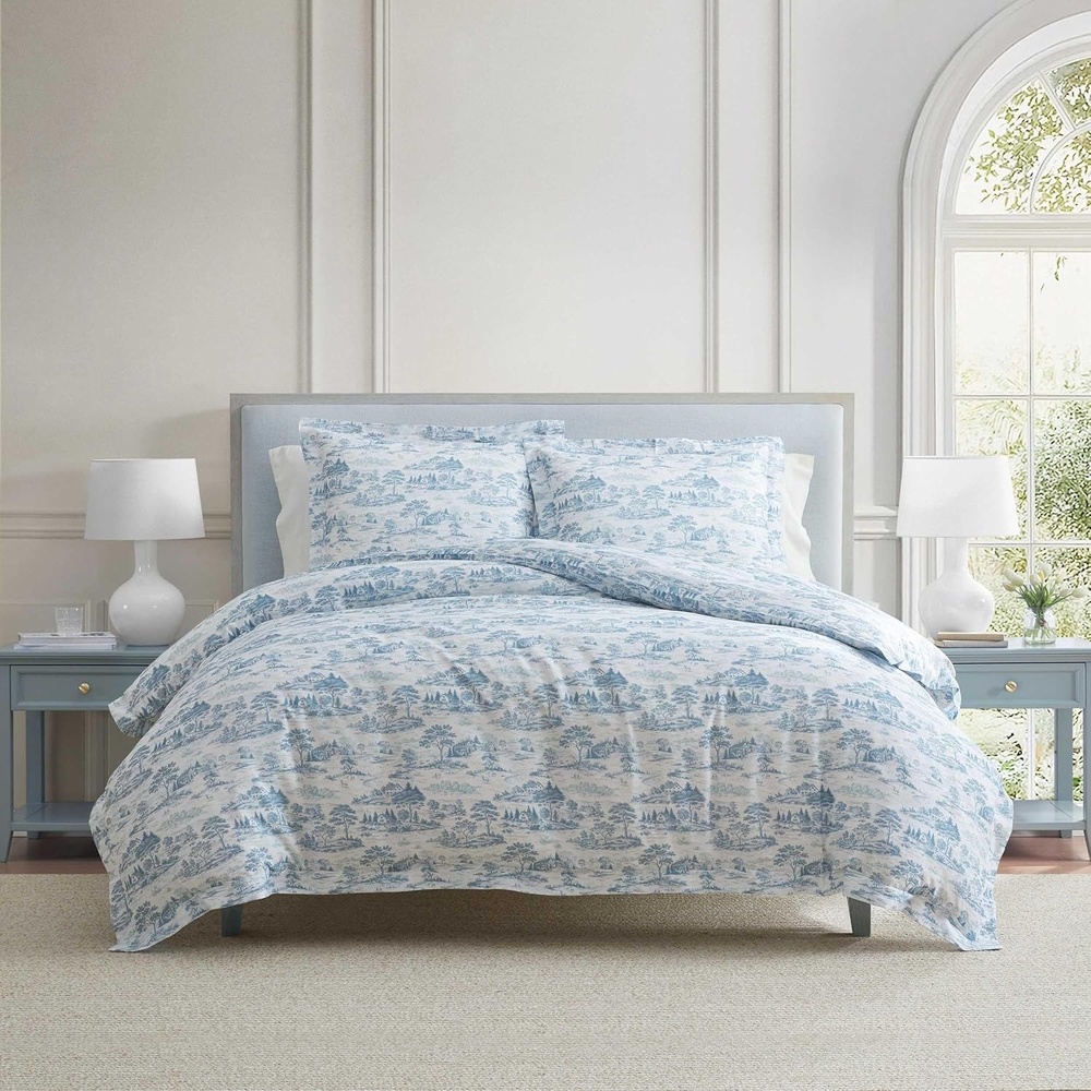 imageMartha Stewart  Twin Duvet Cover Set 100 Smooth amp Silky Sateen Cotton Bedding 2 Piece Striped Bedding with Matching Pillowcase Verbena Stripe BlueFarmhouse Toile Blue