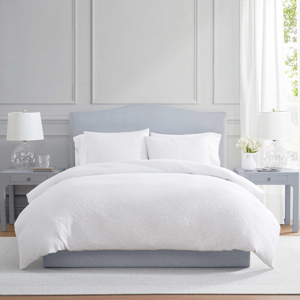 imageMartha Stewart  Twin Duvet Cover Set 100 Smooth amp Silky Sateen Cotton Bedding 2 Piece Striped Bedding with Matching Pillowcase Verbena Stripe BlueGarden Trellis White