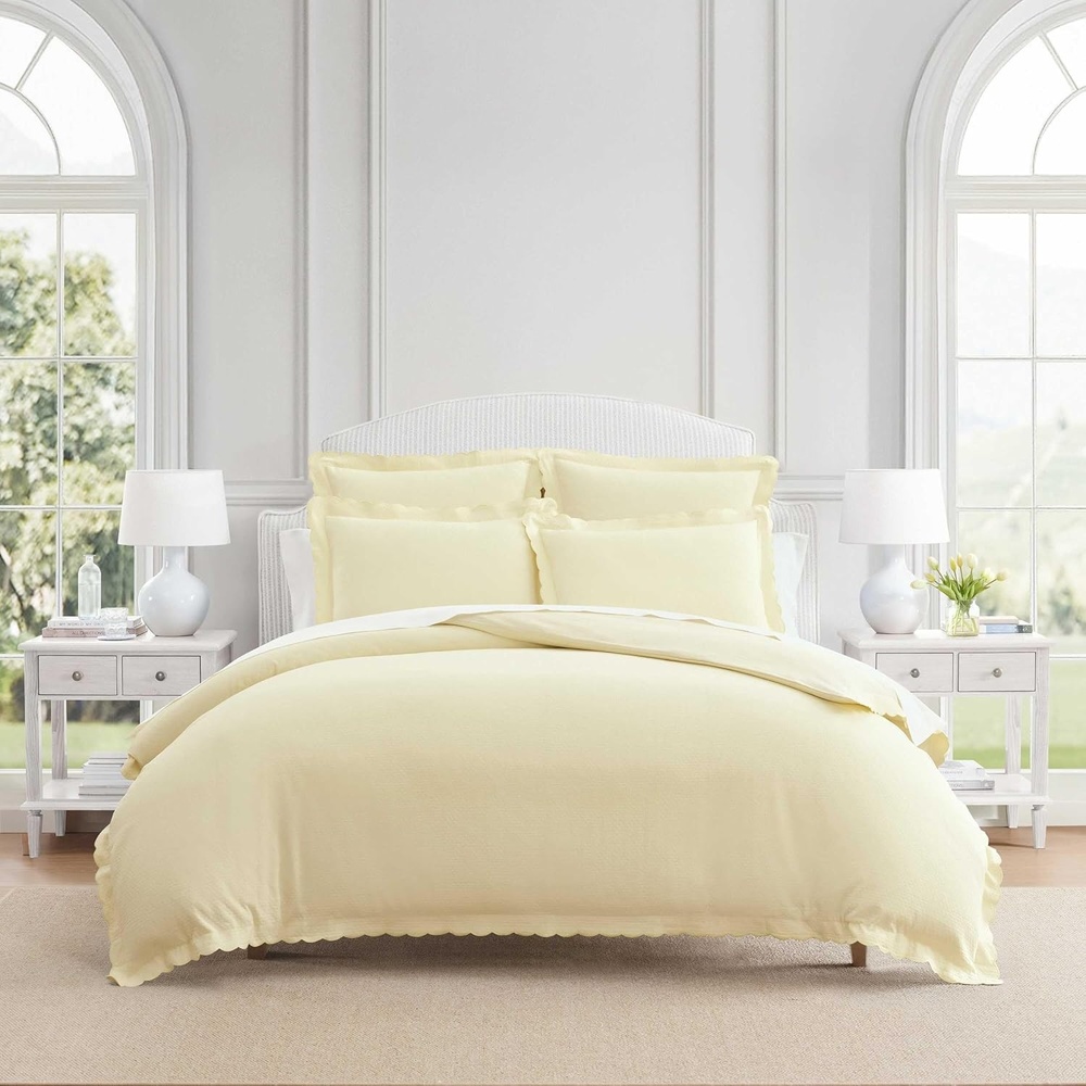 imageMartha Stewart  Twin Duvet Cover Set 100 Smooth amp Silky Sateen Cotton Bedding 2 Piece Striped Bedding with Matching Pillowcase Verbena Stripe BlueSignature Scallop White