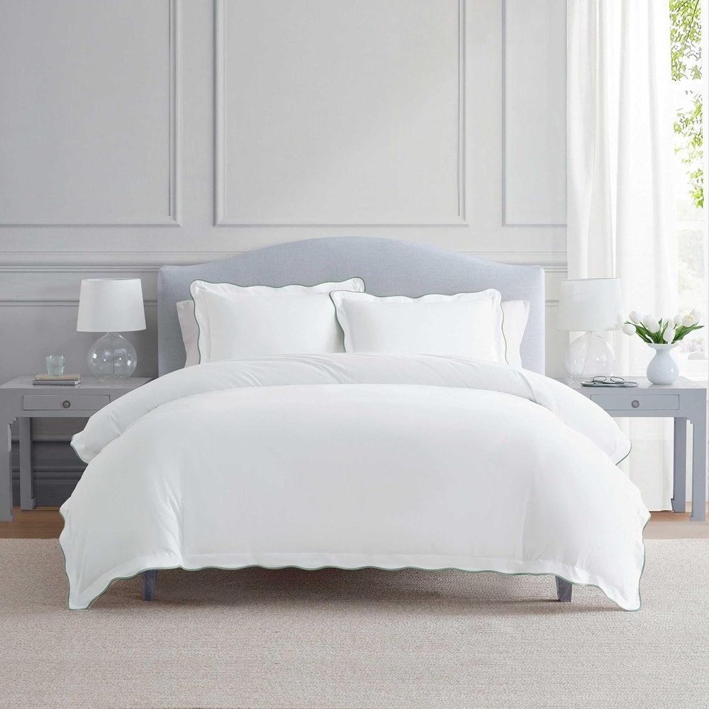 imageMartha Stewart Twin Duvet Cover Set 100 Smooth amp Silky Sateen Cotton Bedding 2 Piece Striped Bedding with Matching Pillowcase Verbena Stripe BlueSimple Scallop Green