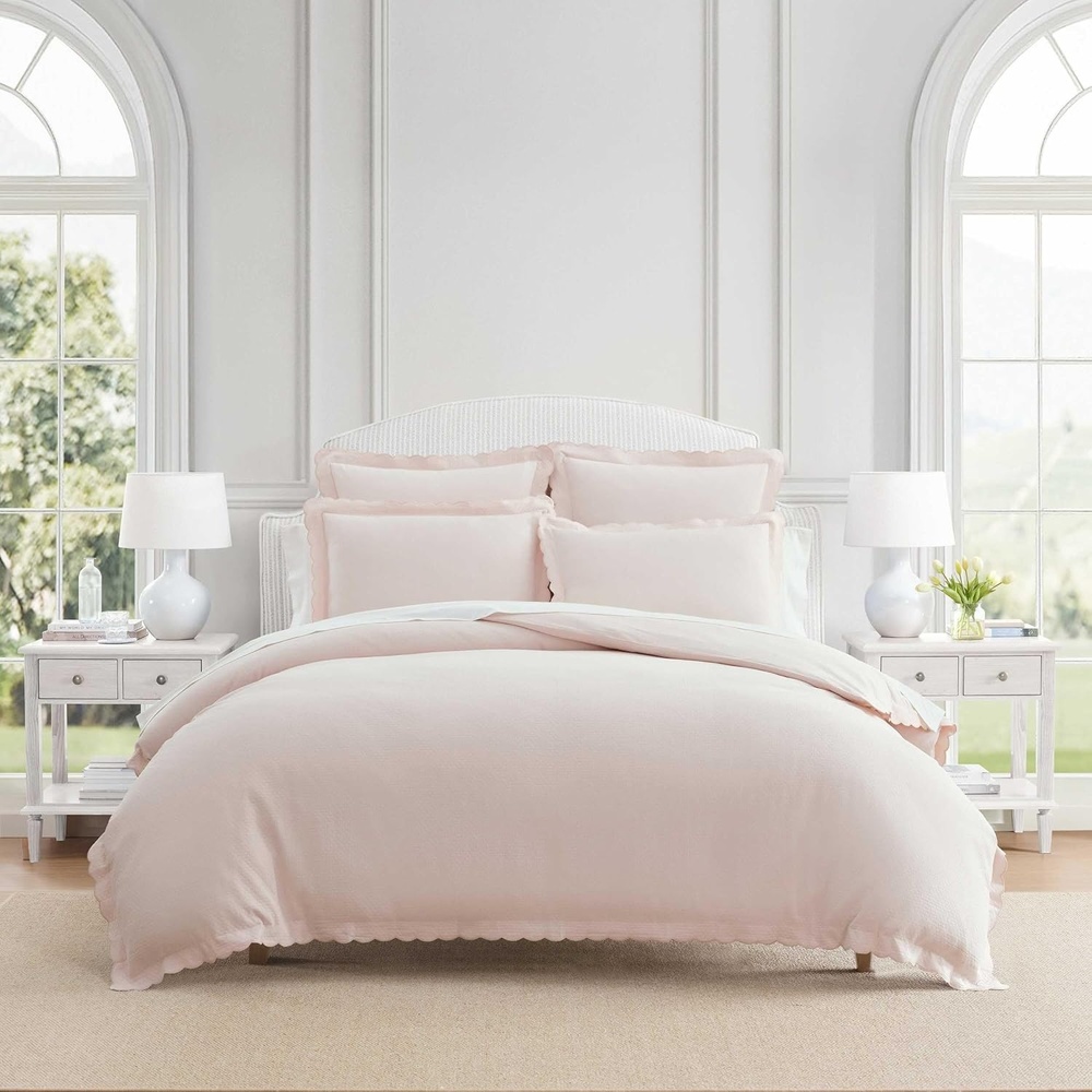 imageMartha Stewart  Twin Duvet Cover Set 100 Smooth amp Silky Sateen Cotton Bedding 2 Piece Striped Bedding with Matching Pillowcase Verbena Stripe BlueSignature Scallop Pink