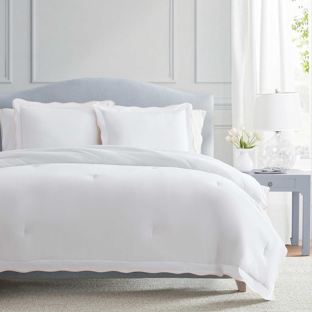 imageMartha Stewart Twin Duvet Cover Set 100 Smooth amp Silky Sateen Cotton Bedding 2 Piece Striped Bedding with Matching Pillowcase Verbena Stripe BlueSimple Scallop Pink