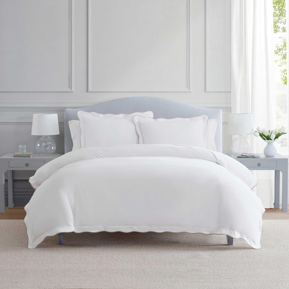 imageMartha Stewart  Twin Duvet Cover Set 100 Smooth amp Silky Sateen Cotton Bedding 2 Piece Striped Bedding with Matching Pillowcase Verbena Stripe BlueSimple Scallop Beige
