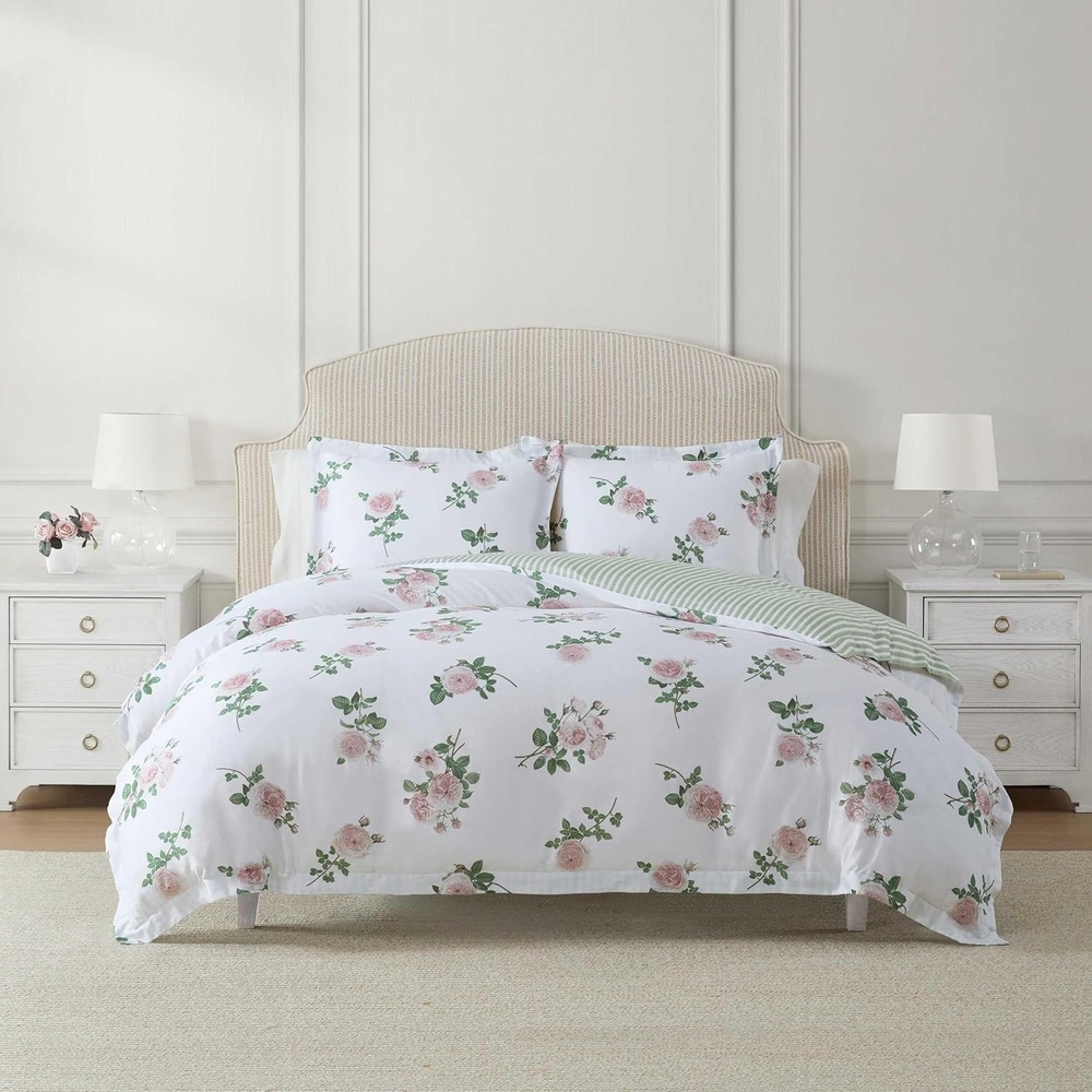 imageMartha Stewart Twin Duvet Cover Set 100 Smooth amp Silky Sateen Cotton Bedding 2 Piece Striped Bedding with Matching Pillowcase Verbena Stripe BlueTea Rose Pink