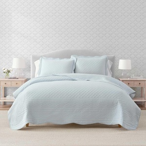 Martha Stewart – Queen Size Quilt Set, Soft & Smooth Sateen Bedding with a Light and Breathable Feel, 3 Piece Bed Set with Matching Pillowcases (Fern Embroidery Grey)(Vintage Scallop Blue)