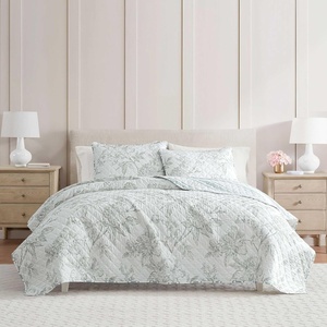 Martha Stewart – Queen Size Quilt Set, Soft & Smooth Sateen Bedding with a Light and Breathable Feel, 3 Piece Bed Set with Matching Pillowcases (Fern Embroidery Grey)(Vine Flora Green)