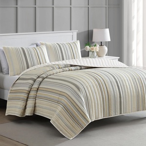 Martha Stewart – Queen Size Quilt Set, Soft & Smooth Sateen Bedding with a Light and Breathable Feel, 3 Piece Bed Set with Matching Pillowcases (Fern Embroidery Grey)(Lefferts Stripe)