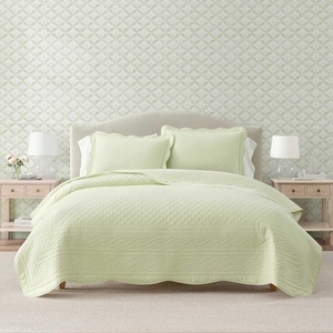 Martha Stewart – Queen Size Quilt Set, Soft & Smooth Sateen Bedding with a Light and Breathable Feel, 3 Piece Bed Set with Matching Pillowcases (Fern Embroidery Grey)(Vintage Scallop Green)