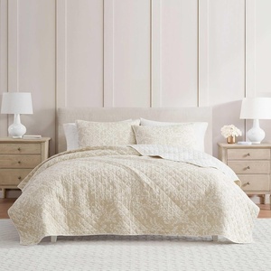 Martha Stewart – Queen Size Quilt Set, Soft & Smooth Sateen Bedding with a Light and Breathable Feel, 3 Piece Bed Set with Matching Pillowcases (Fern Embroidery Grey)(Layered Branches Beige)