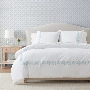 Martha Stewart – Twin Duvet Cover Set, 100% Smooth & Silky Sateen Cotton Bedding, 2 Piece Striped Bedding with Matching Pillowcase (Verbena Stripe Blue)(Garden Path Embroidery Blue)