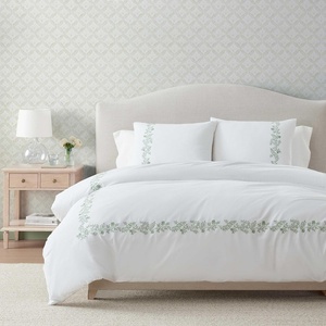 Martha Stewart – Twin Duvet Cover Set, 100% Smooth & Silky Sateen Cotton Bedding, 2 Piece Striped Bedding with Matching Pillowcase (Verbena Stripe Blue)(Garden Path Embroidery Green)