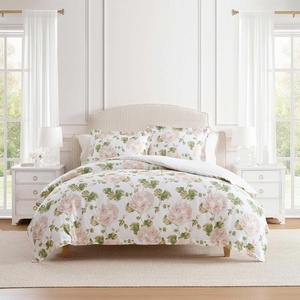 Martha Stewart – Twin Duvet Cover Set, 100% Smooth & Silky Sateen Cotton Bedding, 2 Piece Striped Bedding with Matching Pillowcase (Verbena Stripe Blue)(Geranium Bloom Pink)