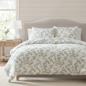 Martha Stewart – Twin Duvet Cover Set, 100% Smooth & Silky Sateen Cotton Bedding, 2 Piece Striped Bedding with Matching Pillowcase (Verbena Stripe Blue)(Hazel Floral Beige)