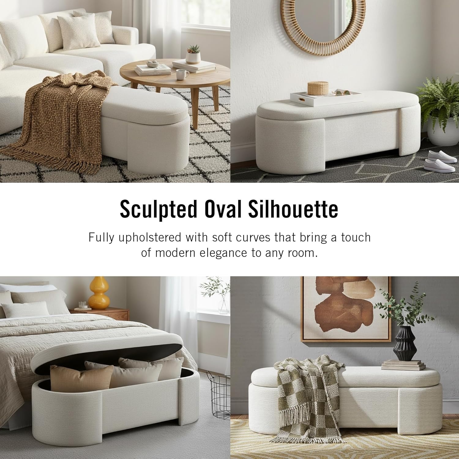 image:imageMartha Stewart Leslie Upholstered Storage Bench with SoftClose Lid Hidden Ventilated Storage 48 Oval Entryway Ottoman Bench No Assembly Required Lily Pond Collection Supports 400 lbs Cream