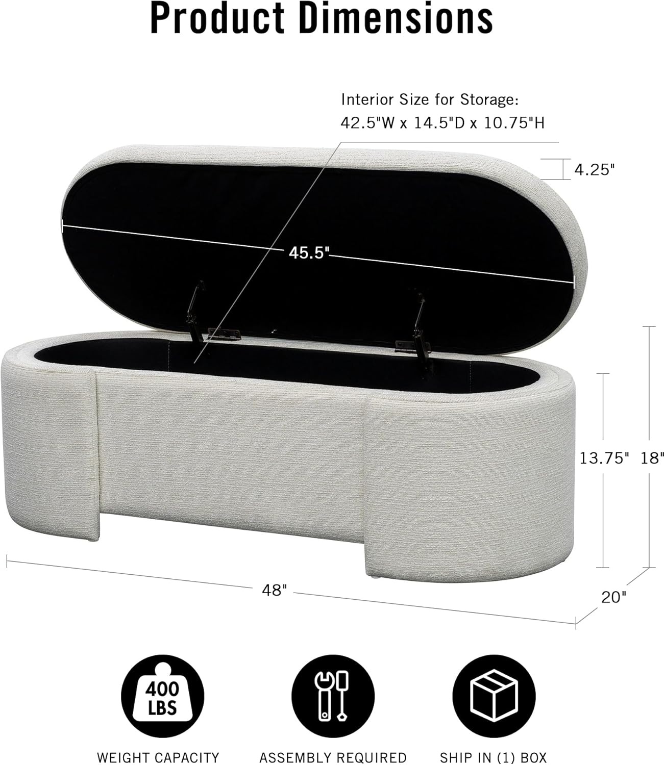 image:imageMartha Stewart Leslie Upholstered Storage Bench with SoftClose Lid Hidden Ventilated Storage 48 Oval Entryway Ottoman Bench No Assembly Required Lily Pond Collection Supports 400 lbs Cream