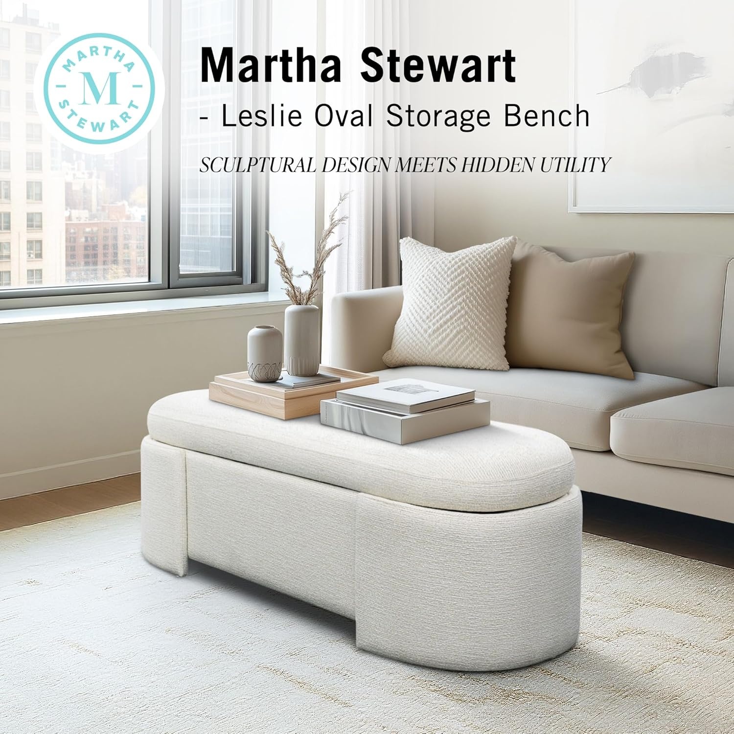 image:imageMartha Stewart Leslie Upholstered Storage Bench with SoftClose Lid Hidden Ventilated Storage 48 Oval Entryway Ottoman Bench No Assembly Required Lily Pond Collection Supports 400 lbs Cream