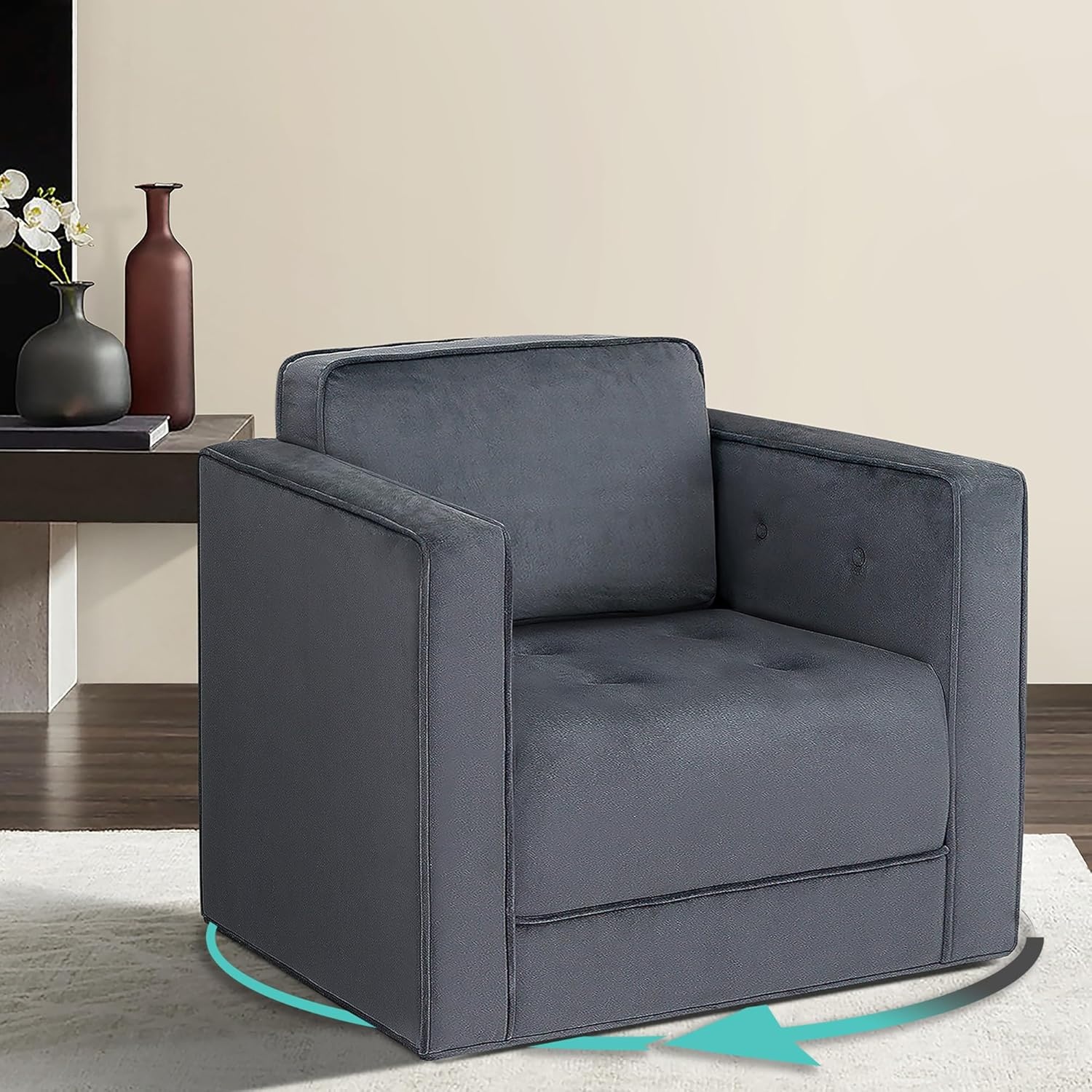 image:imageMartha Stewart Modern Button Tufted Velvet Swivel Chairs for Living Room 360 Degree Metal Base Stand Pipped Upholstered Bedroom Swivel Accent Chair Fully Assembled Chair Gray Madrid