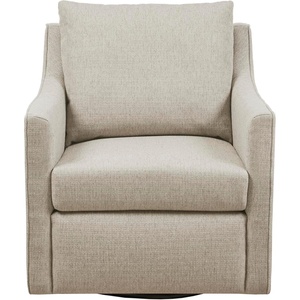 Martha Stewart Amber Swivel Chair for Living Room Barrel Style Bedroom Lounge Removable Foam Seat Cushion Upholstered, Nursery Furniture, Metal Base, Fully Assembled, 30.5″ D x 30″ W x 35″ H, Natural