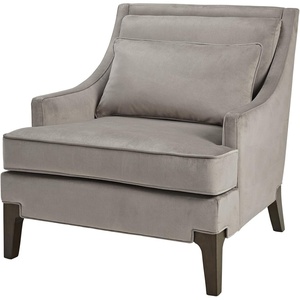 Martha Stewart Anna Upholstered Accent Chair, Removable Lumbar Pillow Support, Square Arm, Jacqard Fabric, Chic Modern Wide Cushion Seat Bedroom Lounge Comfy, Blue, 30.75″ W x 32.25″ D x 32.5″ H(Anna Light Grey)