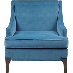 Martha Stewart Anna Upholstered Accent Chair, Removable Lumbar Pillow Support, Square Arm, Jacqard Fabric, Chic Modern Wide Cushion Seat Bedroom Lounge Comfy, Blue, 30.75″ W x 32.25″ D x 32.5″ H(Anna Blue)