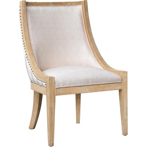 Martha Stewart Farmhouse Dining Room Chair, Recessed Arm Chair For Bedrooms, Nailhead Trim, Solid Wood Legs, Upholstered Reading Accent Chairs For Living Room, Kitchen Decor – Soft Green Elmcrest(Beige Stripe)