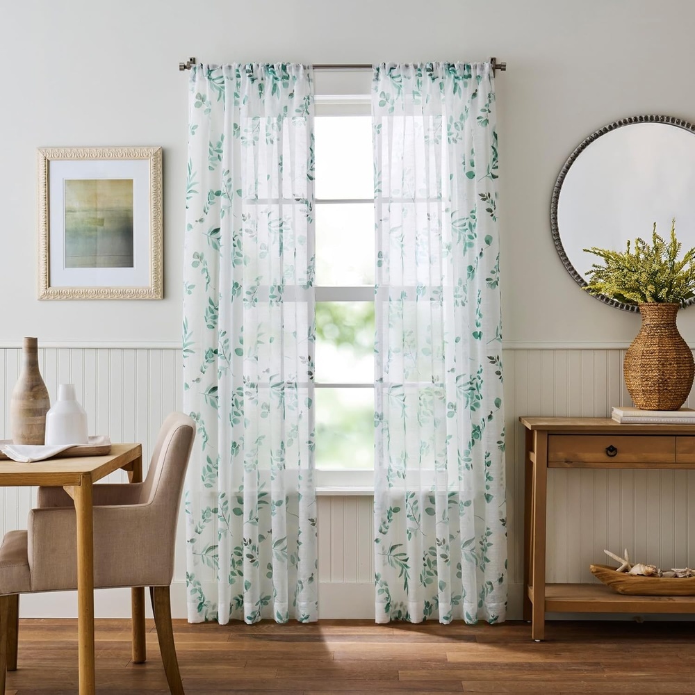 image:imageMartha Stewart Botanical Sheer Window Curtains 50 x 84 Set of 2 Rod Pocket Curtain Panels for Living Room White Green MaddisonWhiteGreen