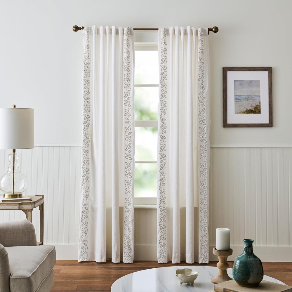 image:imageMartha Stewart White Curtains Sage Green Embroidered Leaf LightFiltering Curtain Panels for Living Room 50 x 95 Set of 2WhiteBeige Leaf