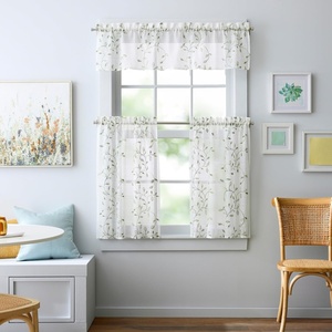 Martha Stewart Kitchen Curtains – 36 Inch Sheer Embroidered Vine Cafe Tier Curtains with Valance Set – 3 Piece, White Green, Durham(White/Green)