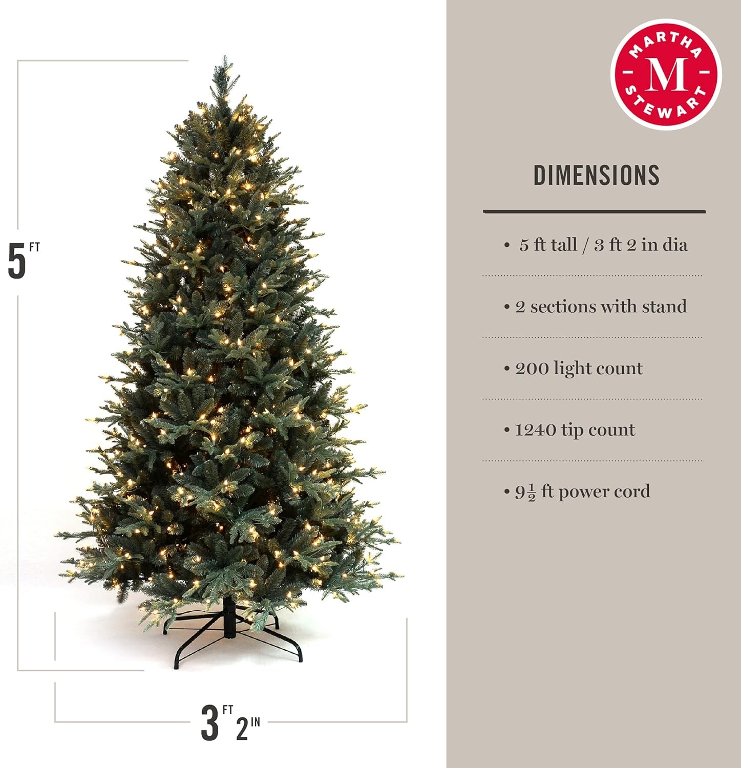 image:imageMartha Stewart 5 Ft Blue Spruce Prelit Christmas Tree with White Lights Realistic Faux Holiday Tree with Metal Stand Indoor Home DecorClear Lights