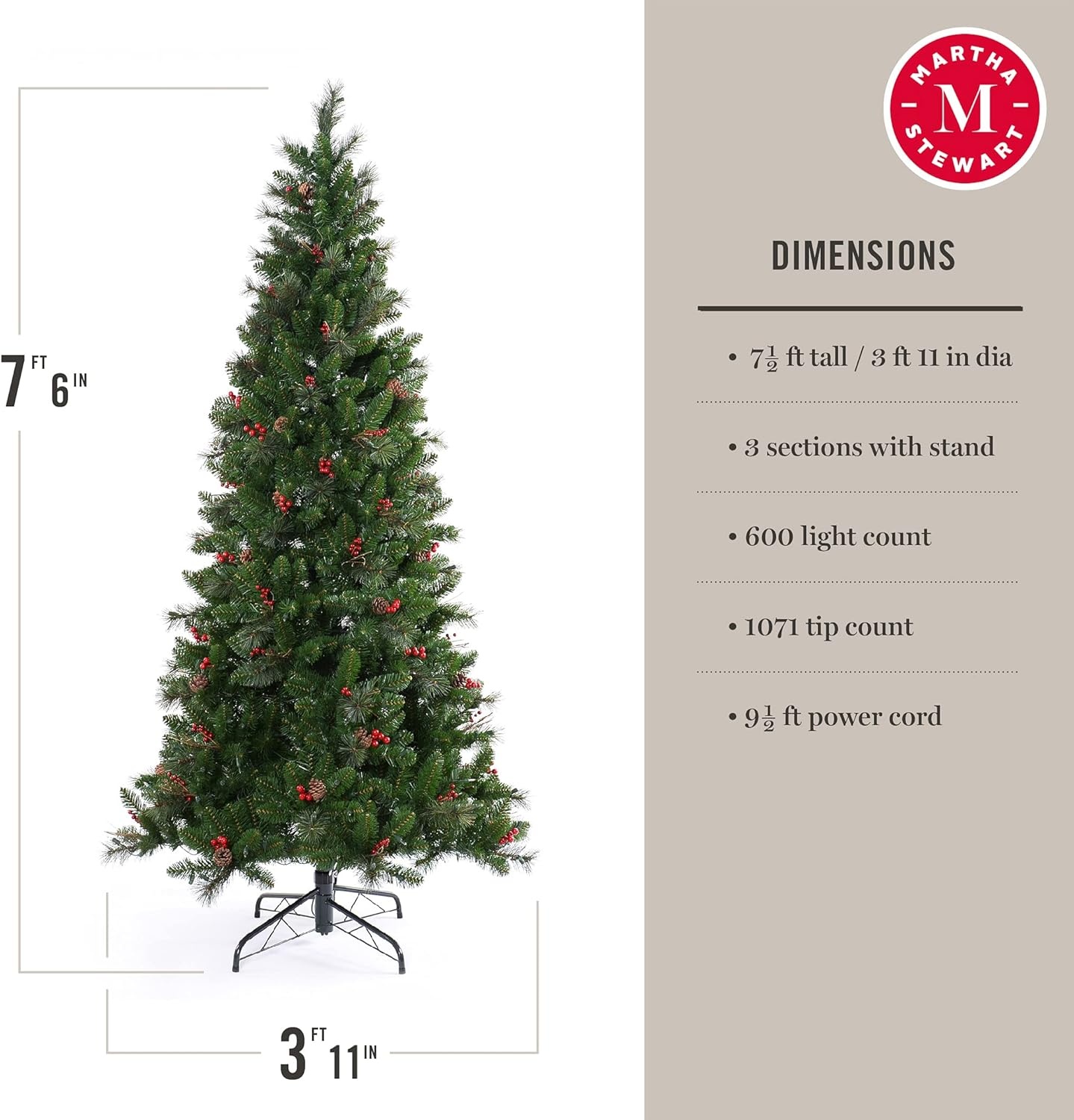 image:imageMartha Stewart 5 Ft Prelit Christmas Tree with White Lights Decorated with Pinecones and Red Berries Realistic Faux Holiday Tree with Metal StandClear White Lights