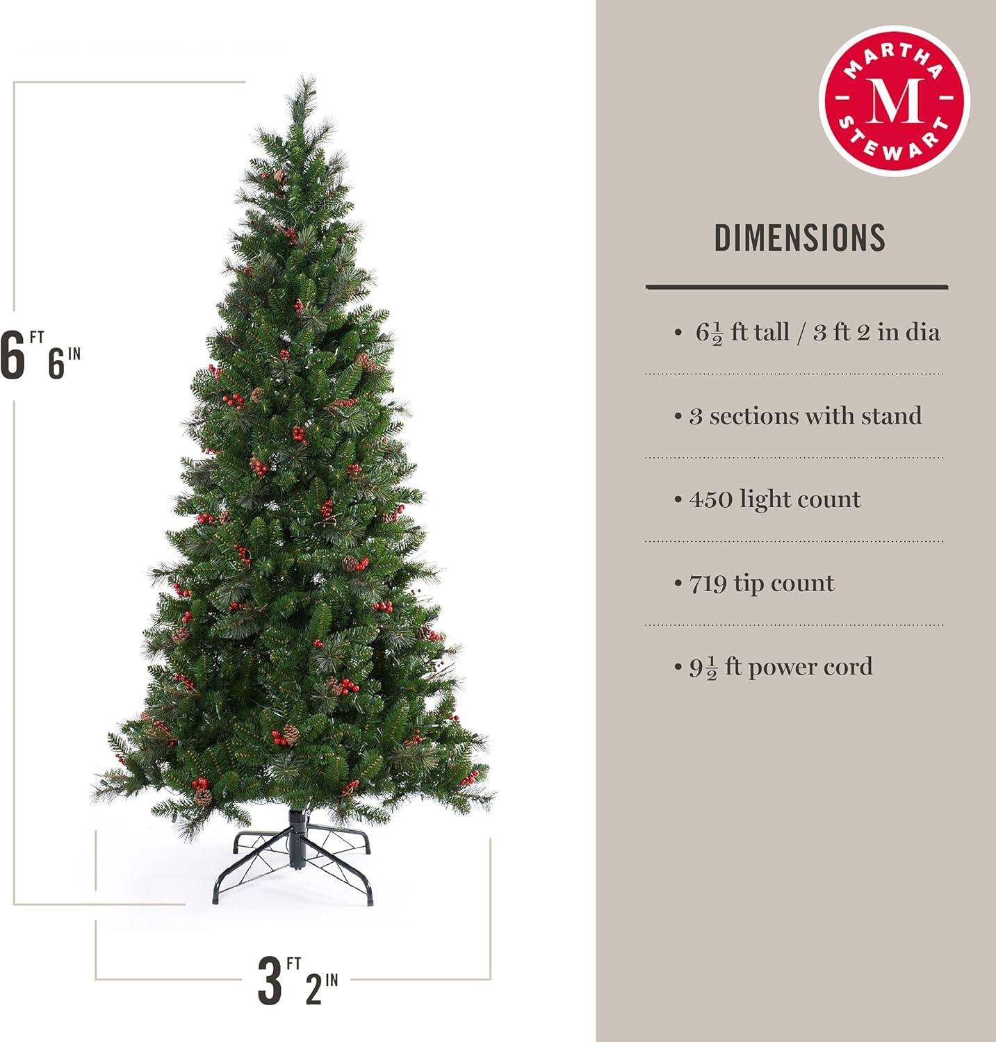 image:imageMartha Stewart 5 Ft Prelit Christmas Tree with White Lights Decorated with Pinecones and Red Berries Realistic Faux Holiday Tree with Metal StandClear White Lights