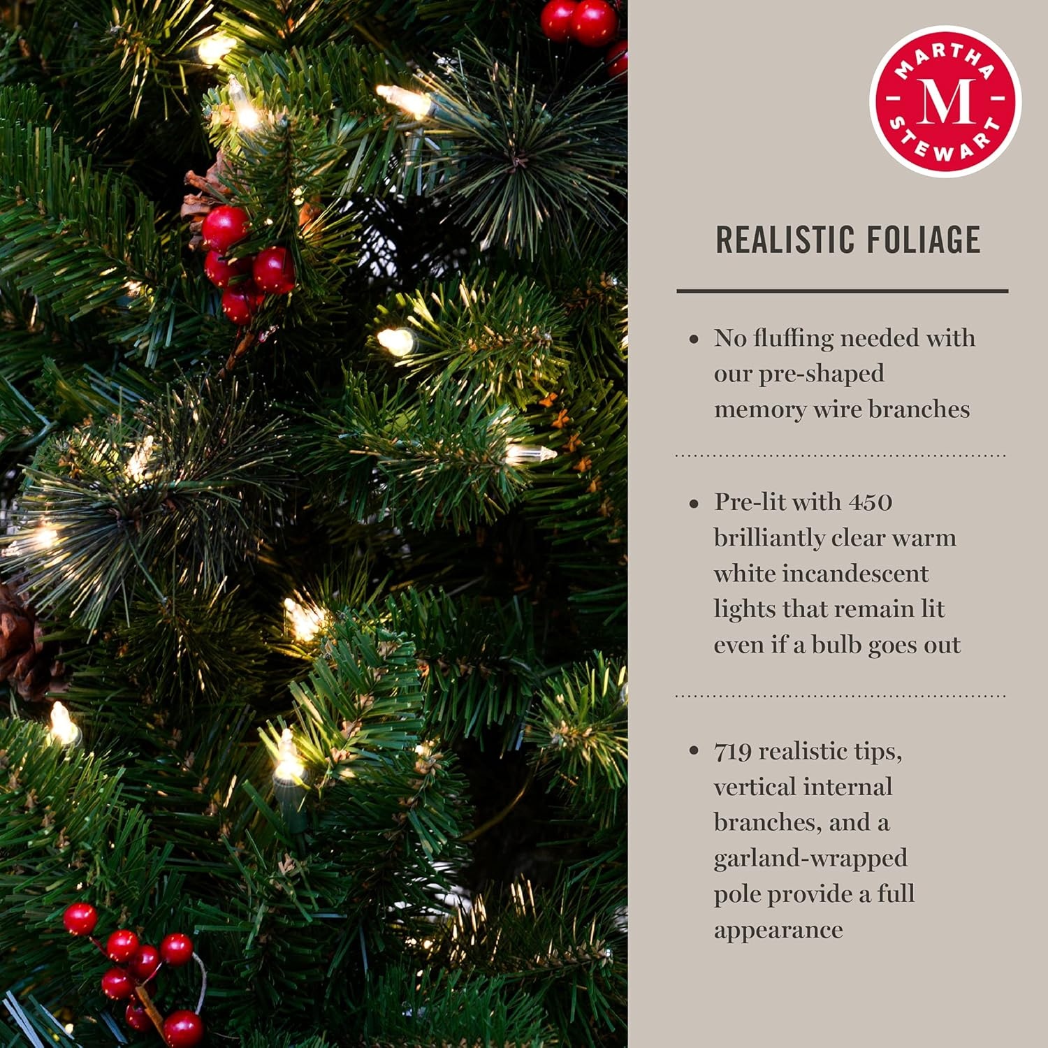 image:imageMartha Stewart 5 Ft Prelit Christmas Tree with White Lights Decorated with Pinecones and Red Berries Realistic Faux Holiday Tree with Metal StandClear White Lights