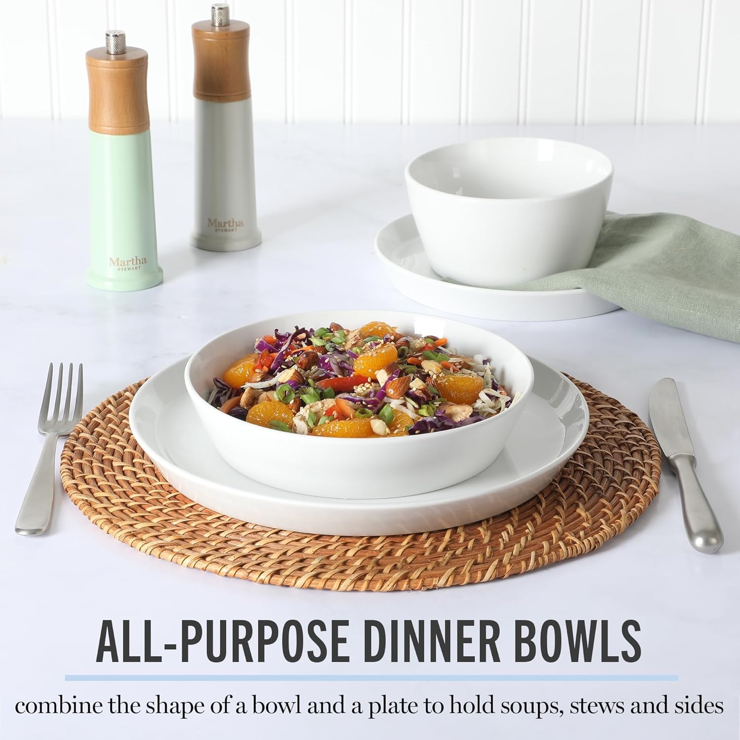 image:imageMartha Stewart Selma Plates and Bowls Sets 30Piece Porcelain Dinnerware Set for 6 White Dish Set with Dinner Plates Dessert Plates Pasta Bowls Cereal amp Fruit BowlsWhite