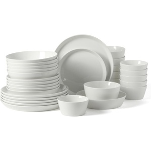 Martha Stewart Selma Plates and Bowls Sets, 30-Piece Porcelain Dinnerware Set for 6, White Dish Set with Dinner Plates, Dessert Plates, Pasta Bowls, Cereal & Fruit Bowls(White (30pcs))